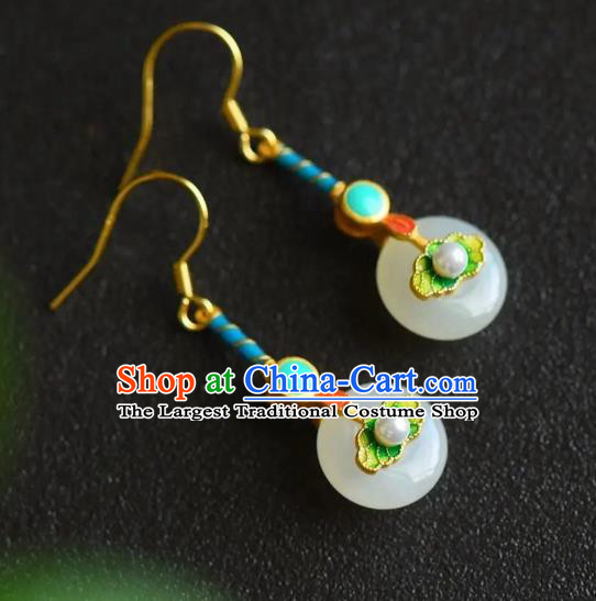 China Traditional Jade Peace Buckle Ear Jewelry Accessories National Cheongsam Enamel Lotus Leaf Earrings