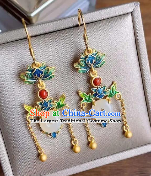 China Traditional Cloisonne Lotus Ear Jewelry Accessories National Cheongsam Jade Peace Buckle Earrings