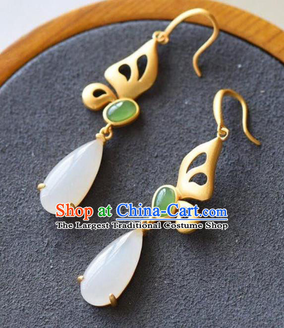 China Traditional White Chalcedony Ear Jewelry Accessories National Cheongsam Golden Butterfly Earrings