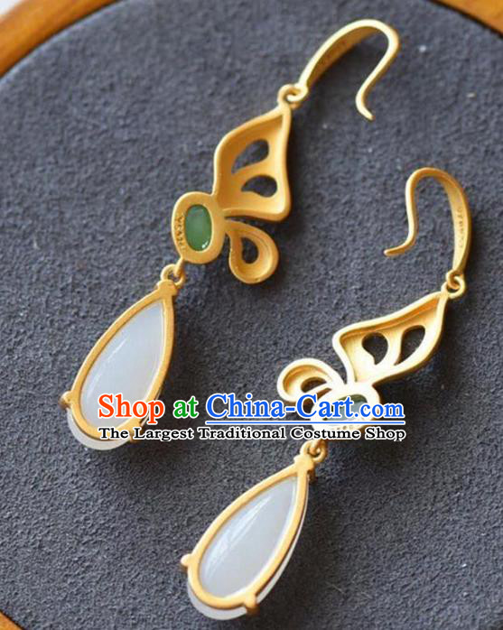 China Traditional White Chalcedony Ear Jewelry Accessories National Cheongsam Golden Butterfly Earrings