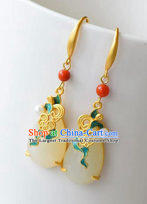 China Traditional Blueing Cloud Ear Jewelry Accessories National Cheongsam White Jade Earrings