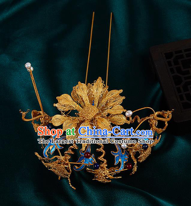 China Jewelry Handmade Filigree Hair Accessories Traditional Qing Dynasty Blueing Hairpin