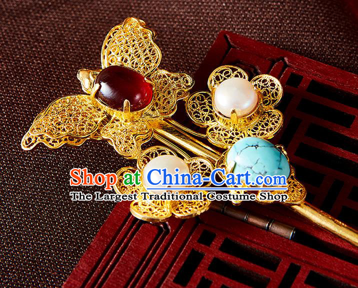 China Handmade Pearls Hair Jewelry Accessories Traditional Qing Dynasty Golden Filigree Butterfly Hairpin