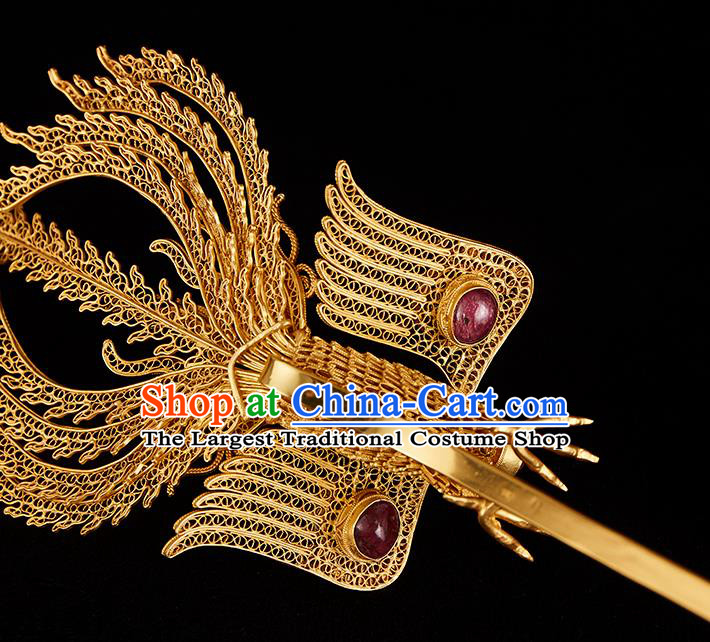 China Handmade Gems Hair Crown Jewelry Accessories Traditional Ming Dynasty Empress Golden Phoenix Hairpin