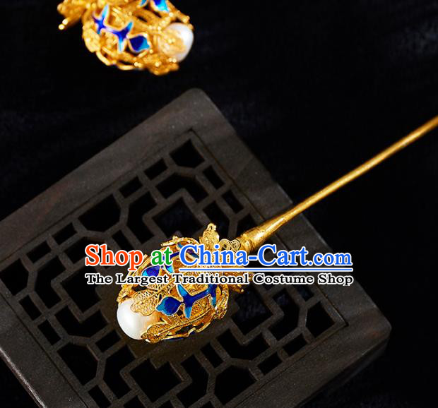 China Handmade Pearl Hair Stick Jewelry Accessories Traditional Qing Dynasty Empress Blueing Golden Hairpin