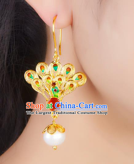 China Traditional Qing Dynasty Golden Peacock Ear Jewelry Accessories Ancient Empress Pearls Tassel Earrings