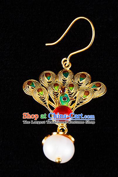 China Traditional Qing Dynasty Golden Peacock Ear Jewelry Accessories Ancient Empress Pearls Tassel Earrings