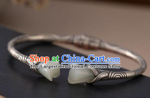 China Handmade Jade Mangnolia Bracelet Accessories Traditional Silver Bangle Jewelry