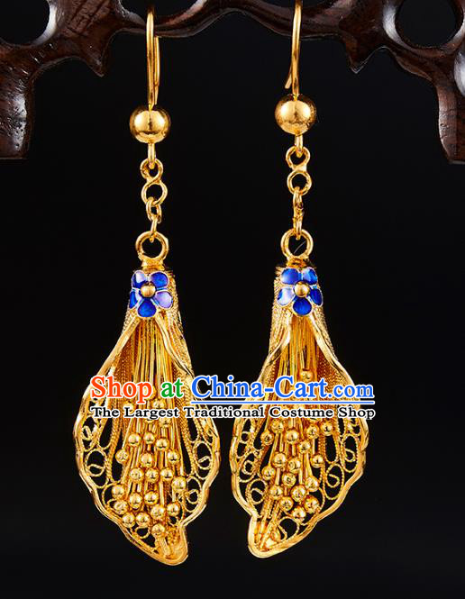 China Traditional Qing Dynasty Golden Flower Ear Jewelry Accessories Ancient Empress Blueing Plum Earrings