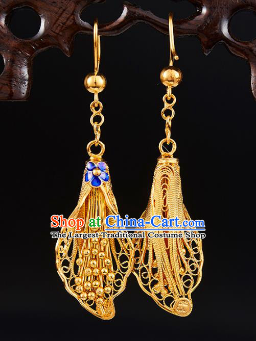 China Traditional Qing Dynasty Golden Flower Ear Jewelry Accessories Ancient Empress Blueing Plum Earrings