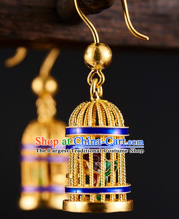 China Traditional Blueing Ear Jewelry Accessories Ancient Empress Golden Birdcage Earrings