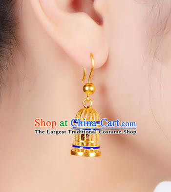 China Traditional Blueing Ear Jewelry Accessories Ancient Empress Golden Birdcage Earrings