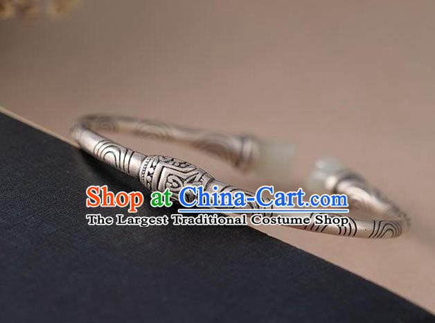 China Handmade Jade Mangnolia Bracelet Accessories Traditional Silver Bangle Jewelry