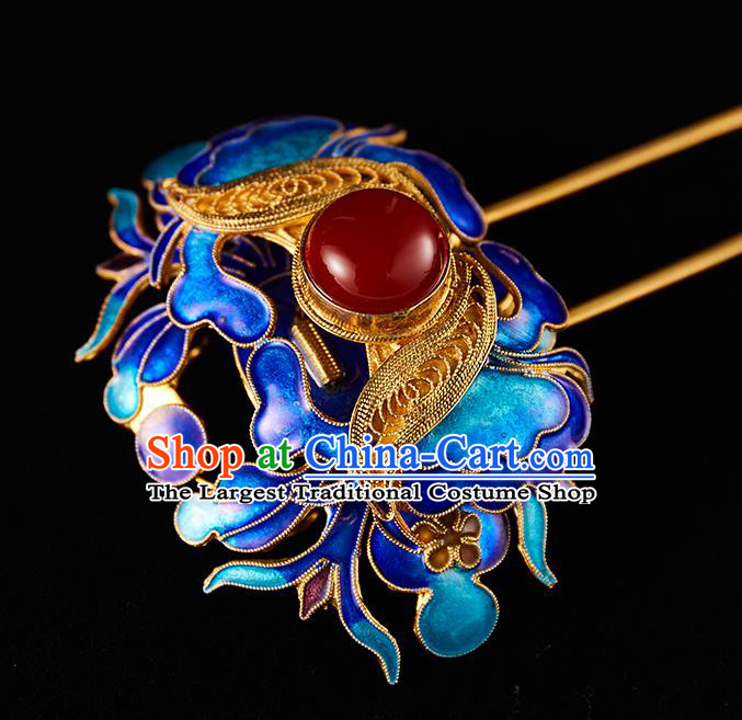 China Handmade Blueing Butterfly Hair Stick Jewelry Accessories Traditional Qing Dynasty Empress Agate Hairpin