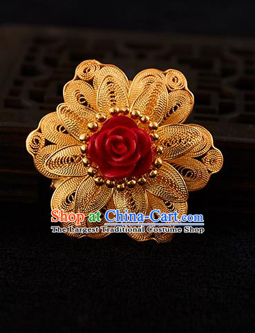 China Handmade Lacquerware Carving Rose Brooch Accessories Traditional Golden Necklace Pendant Jewelry