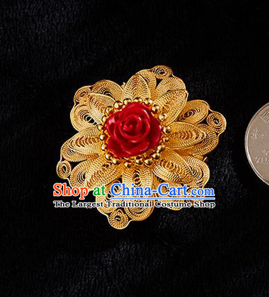 China Handmade Lacquerware Carving Rose Brooch Accessories Traditional Golden Necklace Pendant Jewelry