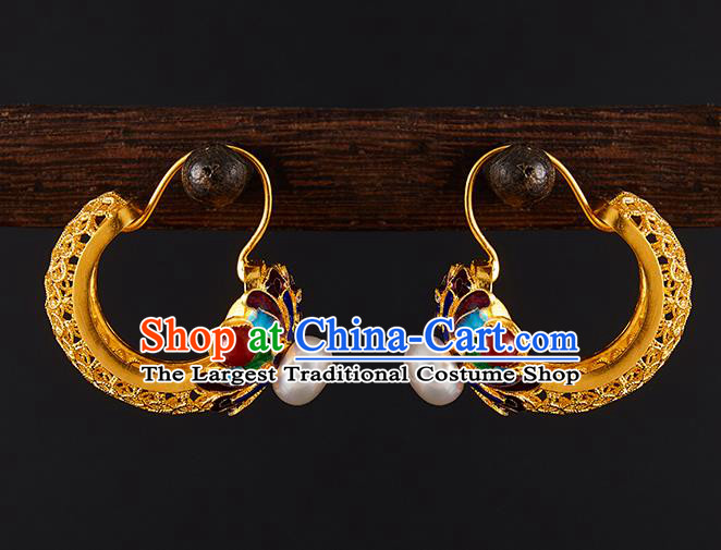 China Traditional Qing Dynasty Blueing Pearls Ear Jewelry Accessories Ancient Empress Golden Earrings