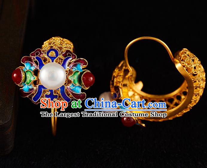 China Traditional Qing Dynasty Blueing Pearls Ear Jewelry Accessories Ancient Empress Golden Earrings
