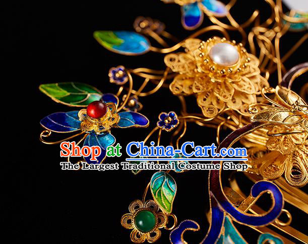 China Handmade Filigree Hairpin Jewelry Accessories Traditional Qing Dynasty Empress Blueing Butterfly Hair Comb