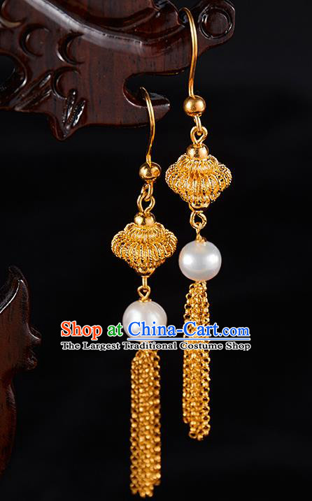 China Traditional Golden Lantern Tassel Ear Jewelry Accessories Ancient Qing Dynasty Empress Pearl Earrings