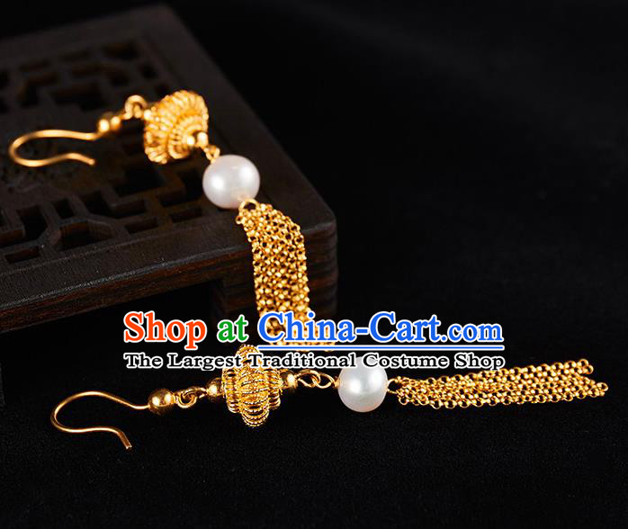 China Traditional Golden Lantern Tassel Ear Jewelry Accessories Ancient Qing Dynasty Empress Pearl Earrings