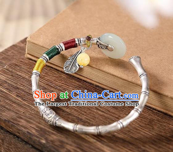 China Handmade Jade Peace Buckle Bracelet Accessories Traditional Silver Bamboo Bangle Jewelry