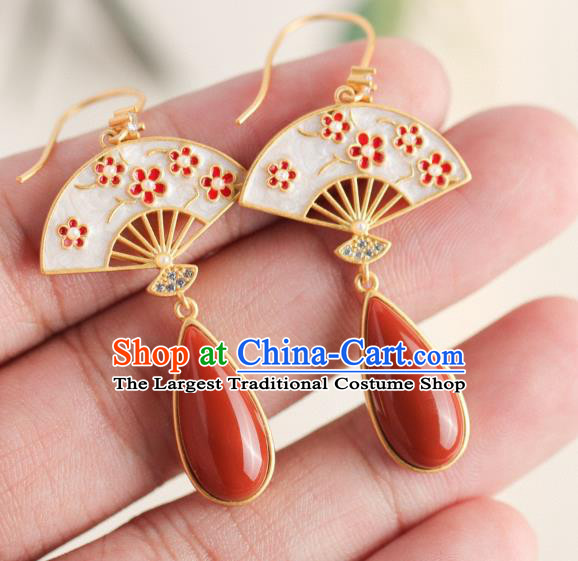 China Traditional Plum Fan Ear Jewelry Accessories Classical Cheongsam Agate Earrings
