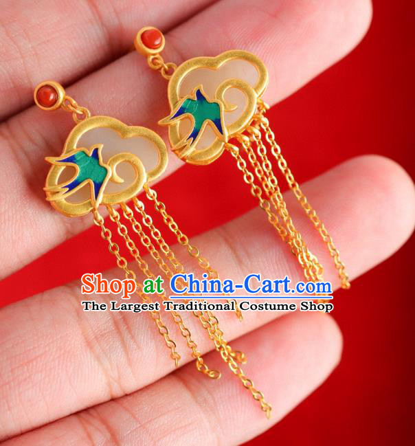 China Traditional Blueing Swallow Ear Jewelry Accessories Classical Cheongsam Golden Tassel Jade Earrings