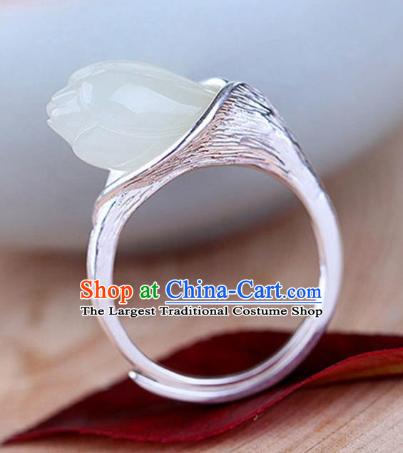 Chinese Handmade Jade Mangnolia Ring Jewelry Accessories Classical National Silver Circlet