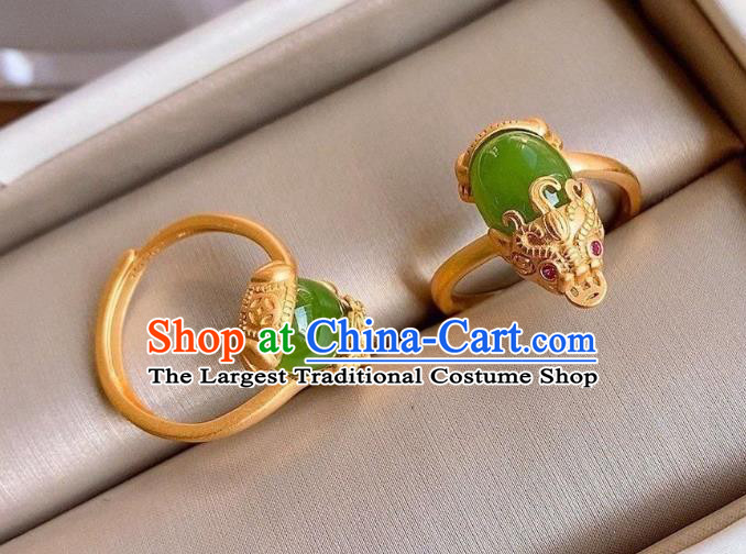 Chinese Classical National Golden Pi Xiu Circlet Handmade Chrysoprase Ring Jewelry Accessories