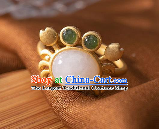 Chinese Classical National White Jade Circlet Handmade Jewelry Accessories Golden Crab Ring