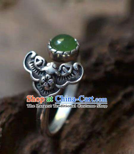 Chinese Classical National Silver Bat Circlet Handmade Jewelry Accessories Chrysoprase Ring