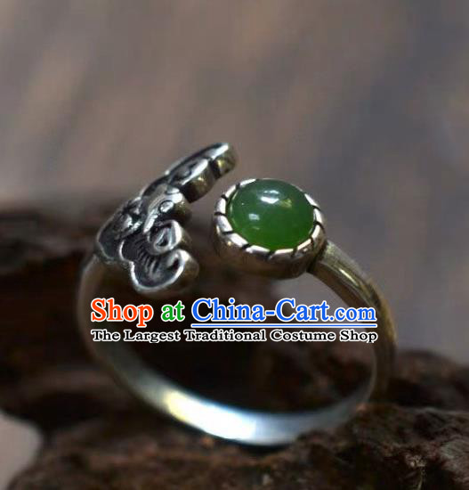 Chinese Classical National Silver Bat Circlet Handmade Jewelry Accessories Chrysoprase Ring
