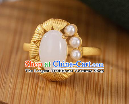 Chinese Classical White Chalcedony Circlet Handmade Jewelry Accessories National Pearls Golden Ring