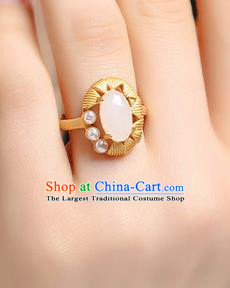 Chinese Classical White Chalcedony Circlet Handmade Jewelry Accessories National Pearls Golden Ring