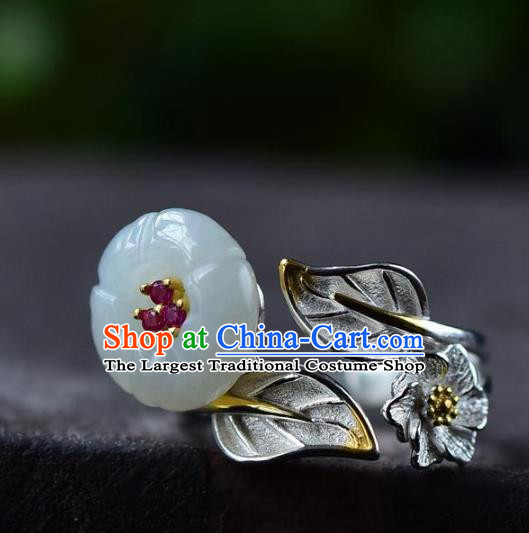 Chinese Classical Jade Plum Blossom Circlet Handmade Jewelry Accessories National Silver Carving Ring