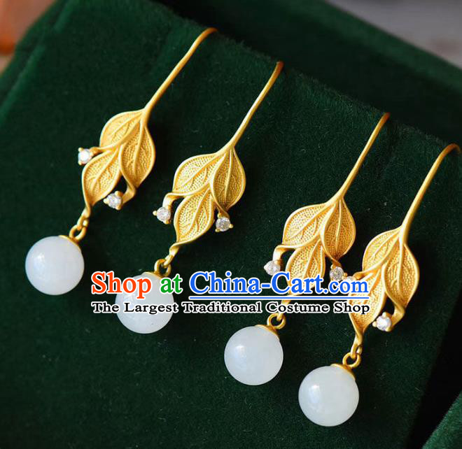 China Traditional Golden Leaf Ear Jewelry Accessories National Cheongsam Jade Bead Earrings