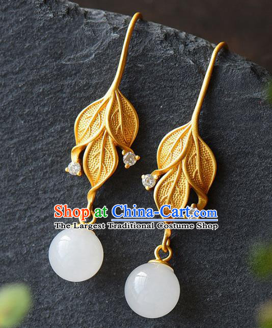 China Traditional Golden Leaf Ear Jewelry Accessories National Cheongsam Jade Bead Earrings