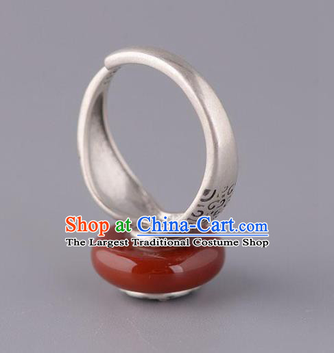 Chinese National Agate Peace Buckle Ring Handmade Jewelry Accessories Classical Silver Carving Circlet
