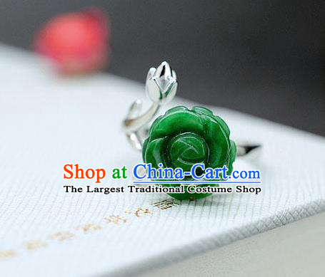 Chinese Classical Silver Circlet Handmade Jewelry Accessories National Jade Rose Ring