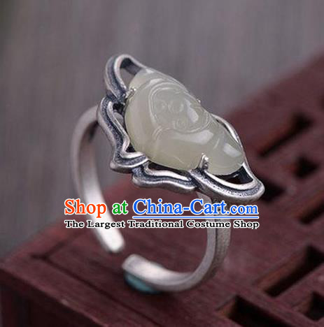 Chinese National Silver Lotus Ring Handmade Jewelry Accessories Classical Jade Circlet