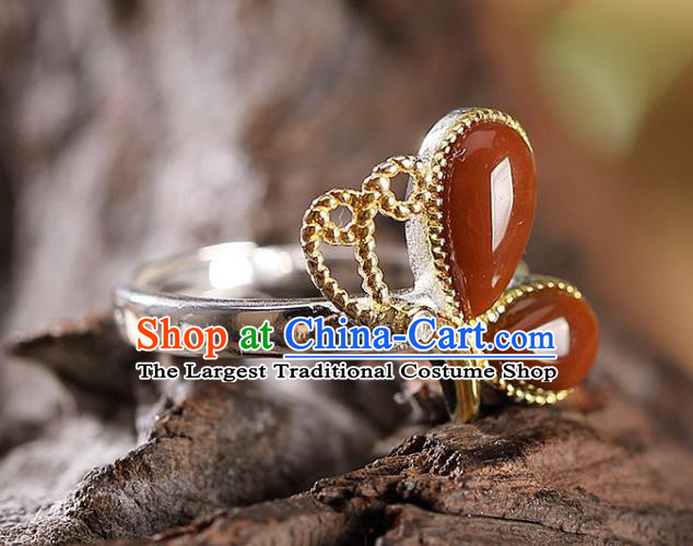 Chinese National Silver Butterfly Ring Handmade Jewelry Accessories Classical Agate Circlet