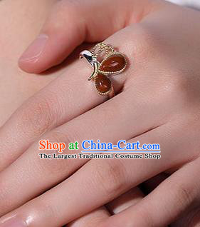 Chinese National Silver Butterfly Ring Handmade Jewelry Accessories Classical Agate Circlet