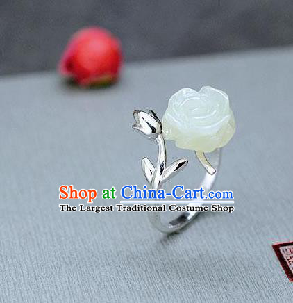 Chinese National White Jade Rose Ring Classical Silver Circlet Handmade Jewelry Accessories