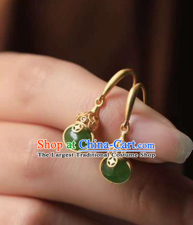 China Traditional Green Jade Ear Jewelry Accessories National Cheongsam Golden Gourd Earrings