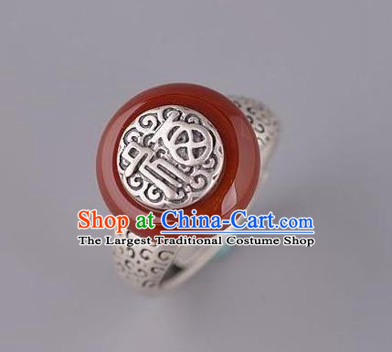 Chinese National Agate Peace Buckle Ring Handmade Jewelry Accessories Classical Silver Carving Circlet