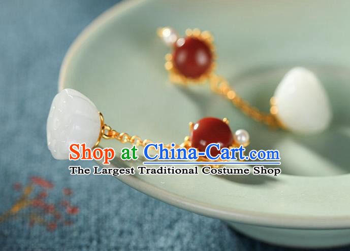China Traditional Qing Dynasty Ear Jewelry Accessories National Cheongsam Jade Lotus Seedpod Earrings