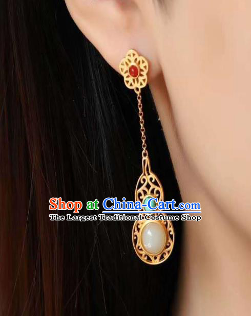 China Traditional Qing Dynasty Golden Gourd Ear Jewelry Accessories National Cheongsam White Chalcedony Earrings