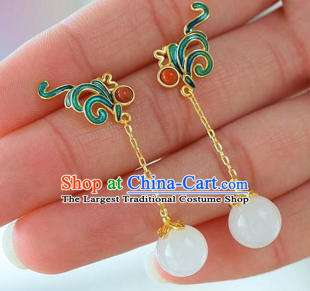 China Traditional Qing Dynasty Cloisonne Ear Jewelry Accessories National Cheongsam Jade Bead Earrings