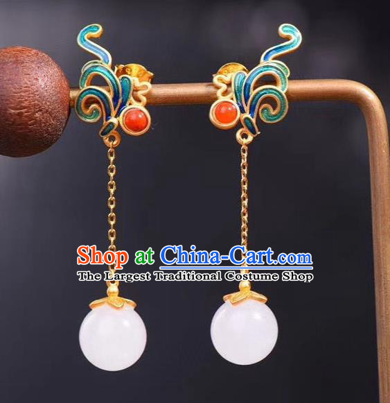 China Traditional Qing Dynasty Cloisonne Ear Jewelry Accessories National Cheongsam Jade Bead Earrings